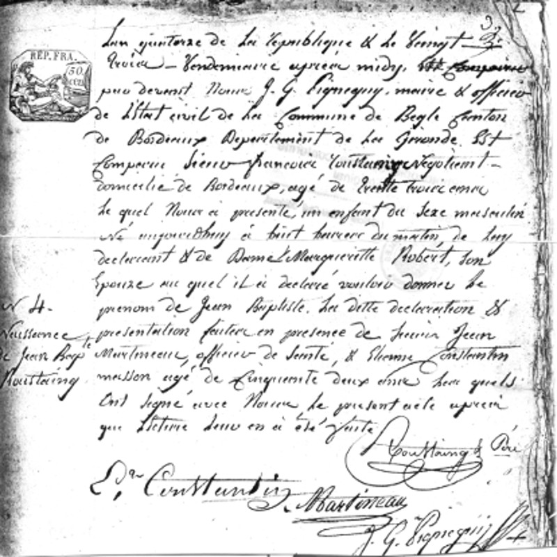 Certidão de Nascimento de Jean Baptiste Roustaing