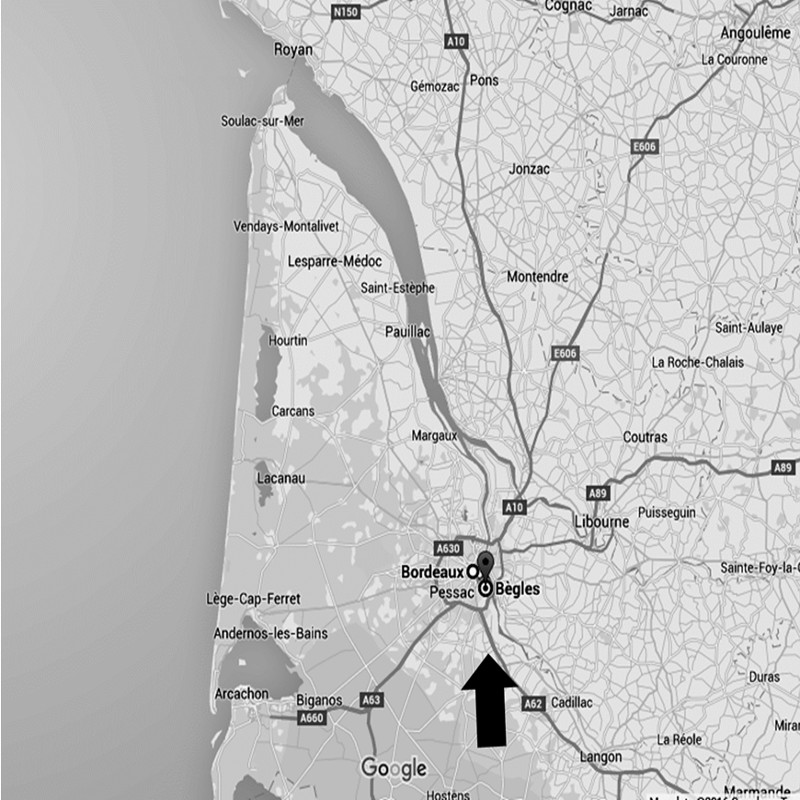 Mapa de Bordeaux e Cercanias. Destaque para Bégles, onde nasceu Roustaing