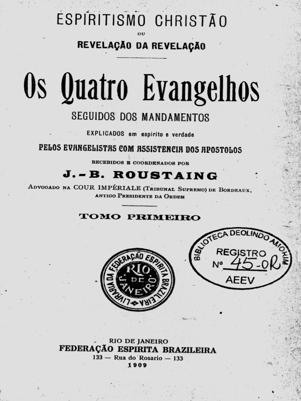 Capa da 1a. edição brasileira de Os Quatro Evangelhos, de Roustaing, FEB - 1909
