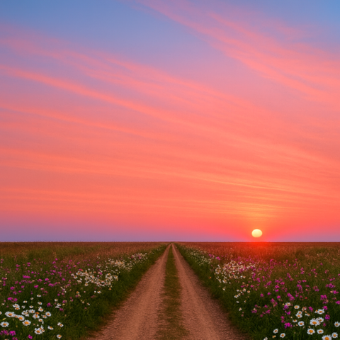 Imagem de uma estrada de terra, margeada por flores, ante o por do sol.
