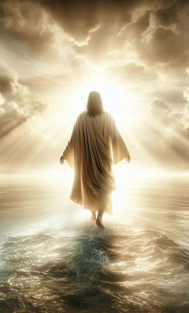 Imagem de Jesus, de costas, caminhando sobre as águas, rumo ao horizonte iluminado pelo sol.