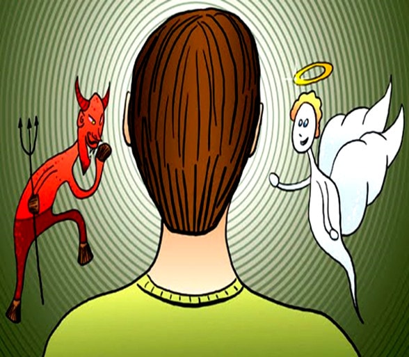Ilustração - cabeça de homem entre figuras de um anjinho e um diabinho