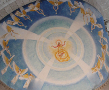 Pintura de Jesus descendo dos céus circulado por anjos.