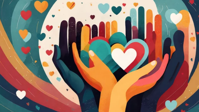 Ilustração de diferentes mãos superpostas suportando corações.