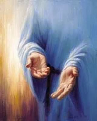 fotomontagem - Jesus abrindo as mãos e convidando à sua proteção todos os que sofrem