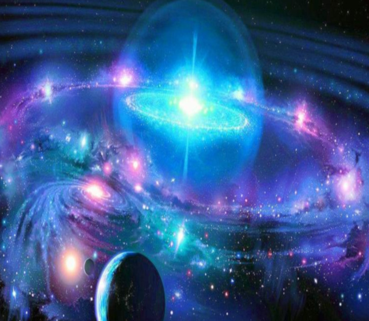 Imagem mostrando diversas estrelas e mundos envolvidos por radiações luminosas.