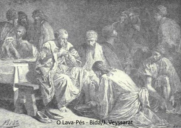 Ilustração retratando a passagem evangélica da lavagem de pés dos discípulos por Jesus.