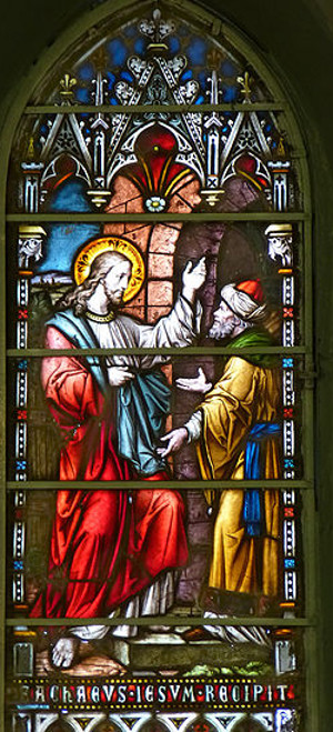 Vitrau da Igreja do Bom Pastor, em Jericó - Zaqueu recebe a Jesus