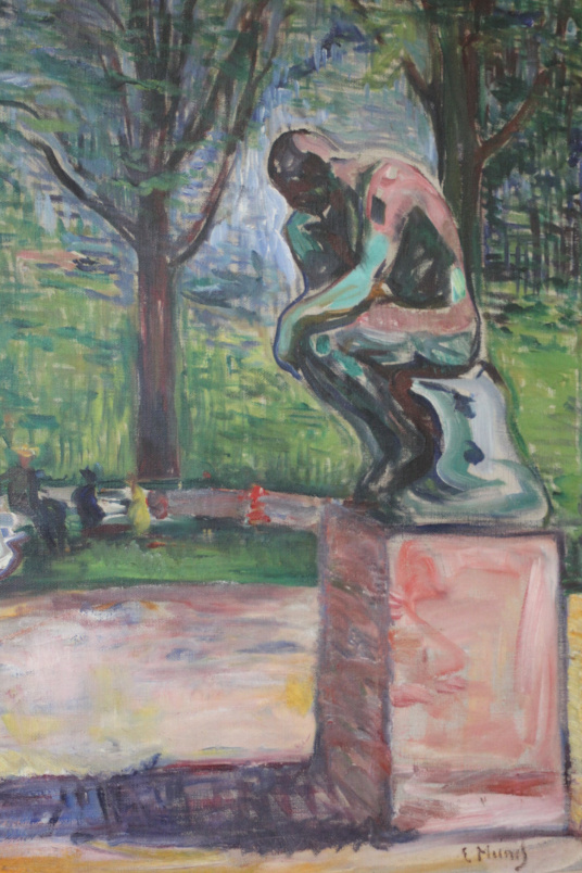 Imagem estilizada da escultura O Pensador, de Rodin.