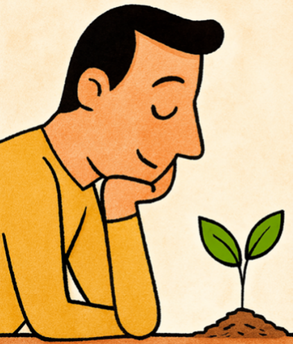 Desenho de um homem observando o crescimento de uma planta, por IA