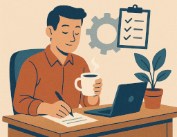 Ilustração de homem sentado trabalhando de modo sereno.