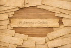 Ilustração com tiras de papel bem antigo e gasto sobre uma mesa tendo uma delas uma mensagem edificante.